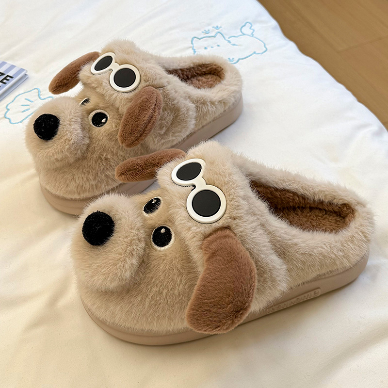 可爱眼镜狗棉拖女居家棉拖鞋女加绒棉拖鞋男保暖鞋月子鞋女包头拖