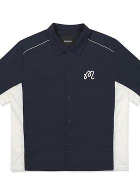 代购MALBON GOLF男士短袖衬衫透气快干舒适抗皱深蓝色拼接设计