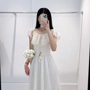 韩版ulzzang夏季新款法式气质时尚一字领露肩荷边叶蕾丝连衣裙女