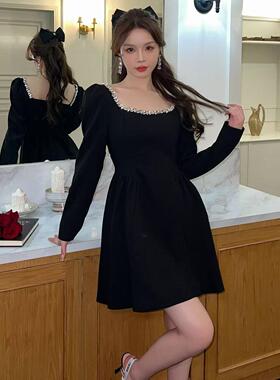 韩版ulzzang早春新款法式气质时尚小香风方领钉珠收腰显瘦连衣裙