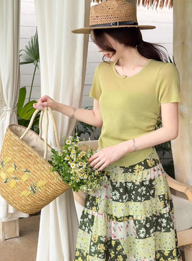 韩版ulzzang夏季新款法式气质时尚圆领针织+高腰碎花半身裙套装女