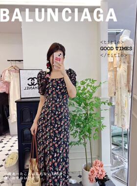 韩版ulzzang夏季新款法式气质时尚方领高腰显瘦雪纺碎花连衣裙女