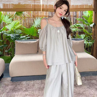 韩版ulzzang夏季新款法式气质时尚一字领吊带上衣+直筒长裤套装女
