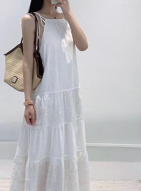 韩版ulzzang夏季新款法式气质时尚一字领高腰显瘦拼接吊带连衣裙