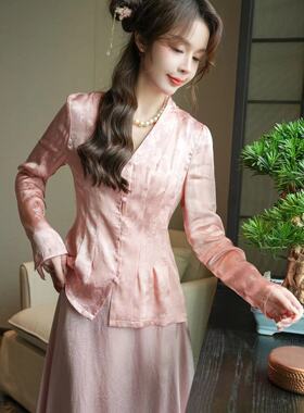 韩国ulzzang早春新款法式气质时尚V领单排扣修身显瘦雪纺上衣衬衫