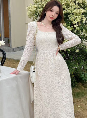 韩版ulzzang早春新款法式气质时尚方领钉珠收腰蕾丝拼接连衣裙女