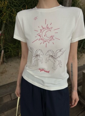 Monkey Studio「新年小马」柔软舒适全棉马年显瘦正肩短袖T恤