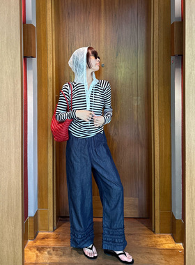 现货秒发 蓝色夏日随心休闲裤！裤脚荷叶边设计洗水棉直筒裤