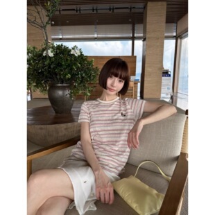 Monkey Studio「校阅女孩」天丝亚麻串珠小鸭子条纹短袖T恤