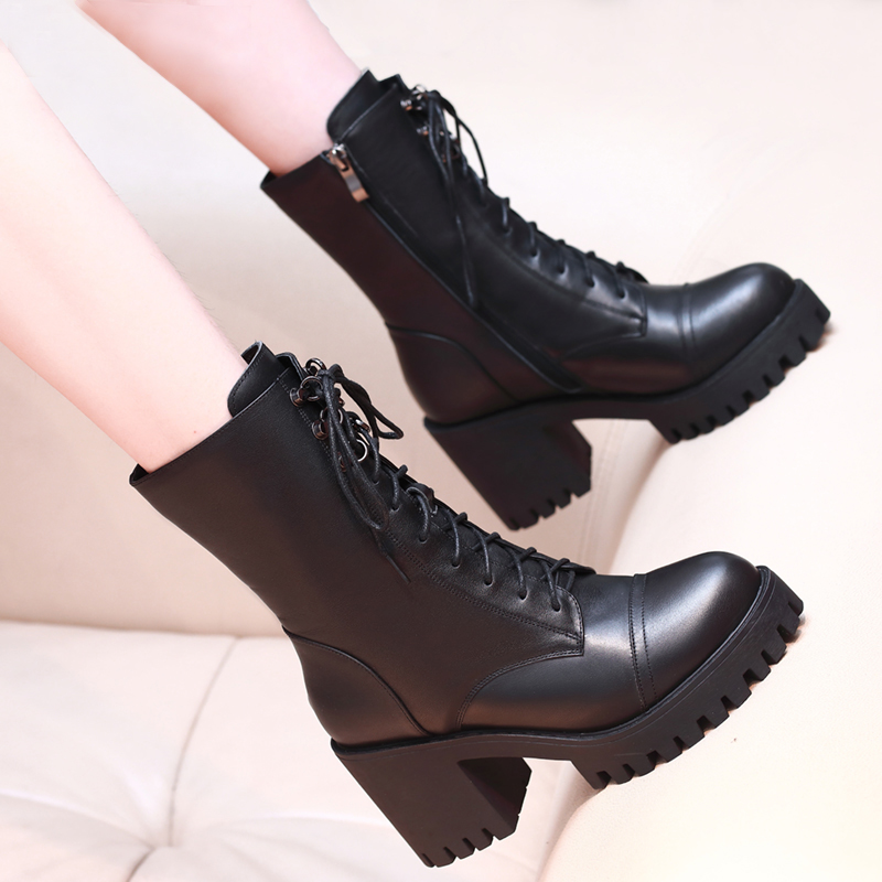 真皮高跟防水台中筒靴