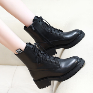 2025秋冬新款马丁靴女真皮中跟加绒女士英伦风靴子冬棉靴牛皮短靴