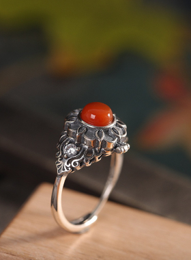 925纯银南红玛瑙国风戒指指环