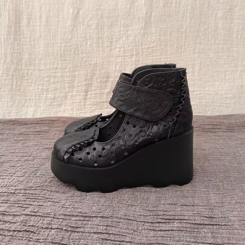 新款夏季女式凉鞋民族风手工洞洞真皮厚底防滑坡跟圆头跟妈妈鞋