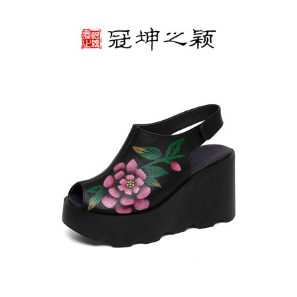 夏季新款真皮正品手工手绘花朵民族风头层牛皮鱼嘴坡跟厚底女凉鞋