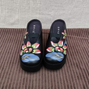 手绘中国风真皮厚底舒适夏季凉拖手工牛皮新中式坡跟增高包头拖鞋