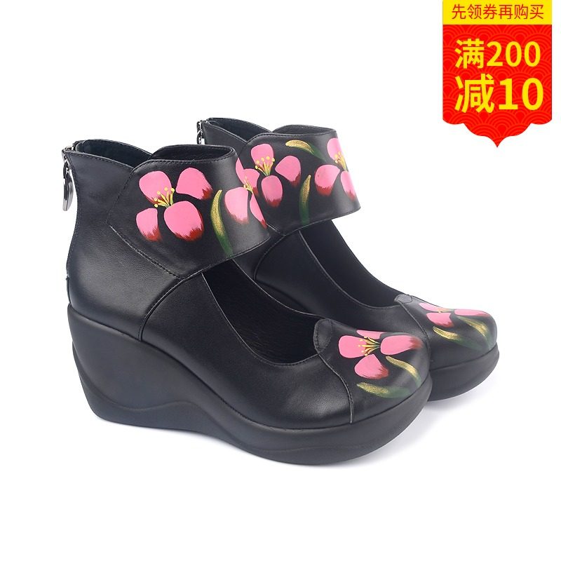 黑色方口搭袢妈妈鞋红格子防滑手工布鞋复古女