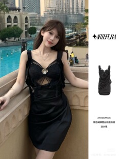 AP品牌撤柜连衣裙黑色蕾丝缎面荡领连衣裙