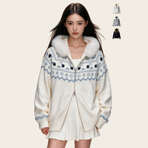 Ames费尔岛大毛领保暖毛衣女