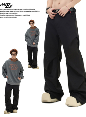 AMES 潮牌国潮情侣美式复古褶皱微喇叭西裤宽松黑色休闲长裤子男