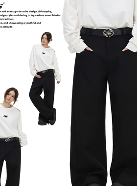 AMES 潮牌国潮情侣美式垂感黑色休闲西裤宽松直筒阔腿长裤子男女