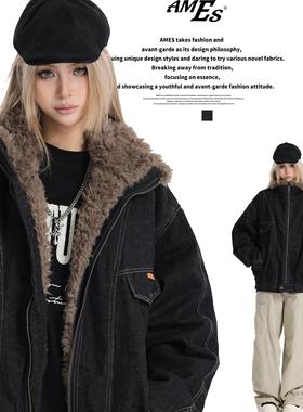 AMES 潮牌国潮情侣美式底特律座山雕牛仔棉服夹棉cleanfit外套女