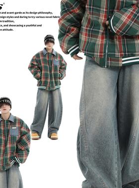 AMES 潮牌国潮情侣美式复古水洗浅蓝色牛仔裤宽松阔腿弯刀裤男女