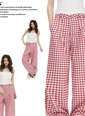 AMES 潮牌国潮美式复古红色格子阔腿休闲裤宽松直筒裤长裤子男女