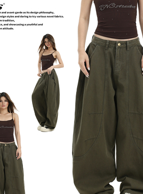 AMES 潮牌国潮情侣美式军绿色弯刀工装裤宽松休闲长裤男裤子女