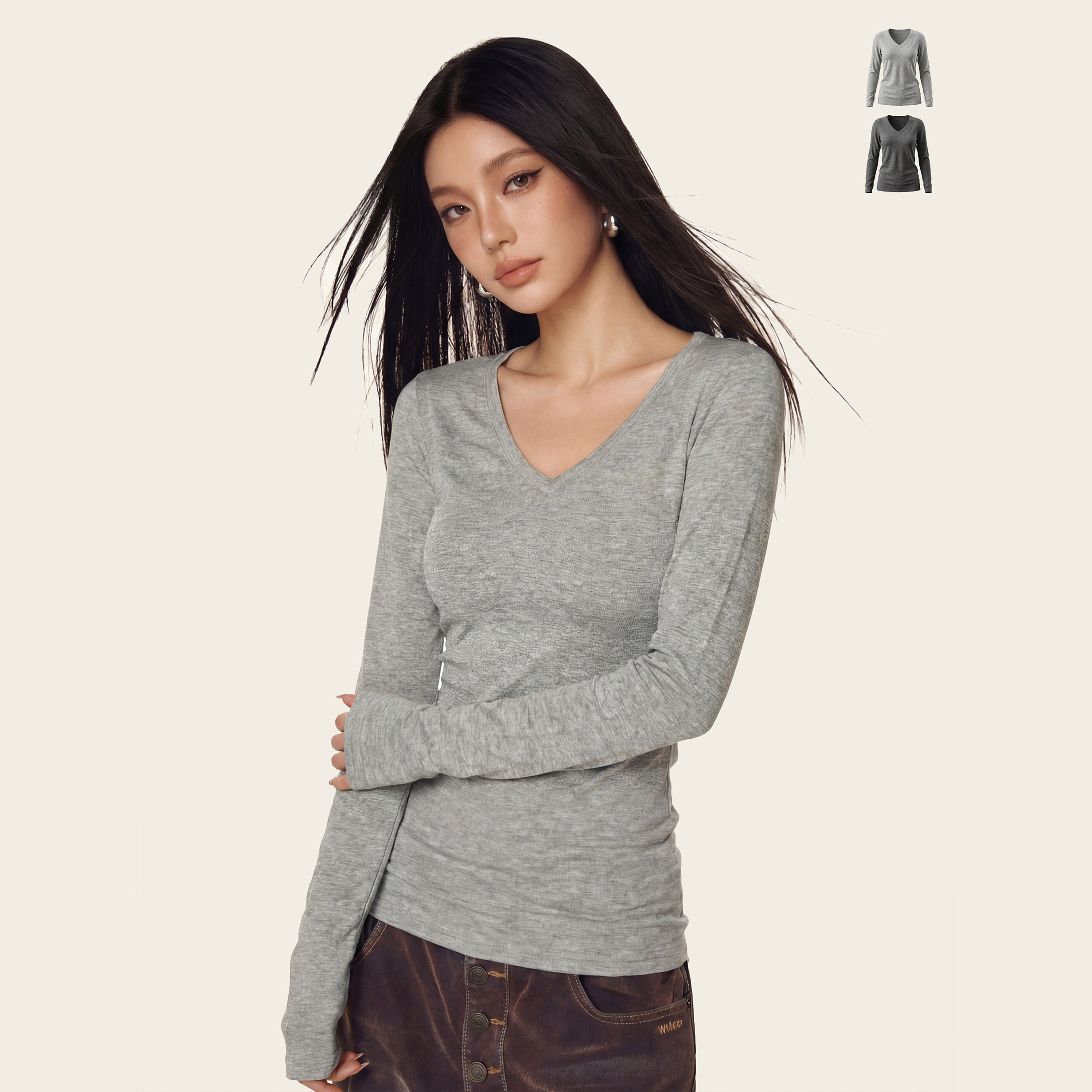 Ames 美式复古辣妹【V领修身内搭长袖】春季羊毛打底衫T恤上衣女,女装/女士精品,T恤,淘宝优惠券,粉丝福利购,淘宝优惠卷