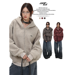 AMES 潮牌国潮情侣美式「绒感条纹连帽卫衣」宽松拉链开衫外套女