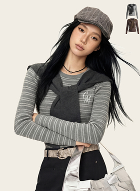 Ames 美式复古设计感【披肩条纹短款毛衣】春季修身针织衫上衣女