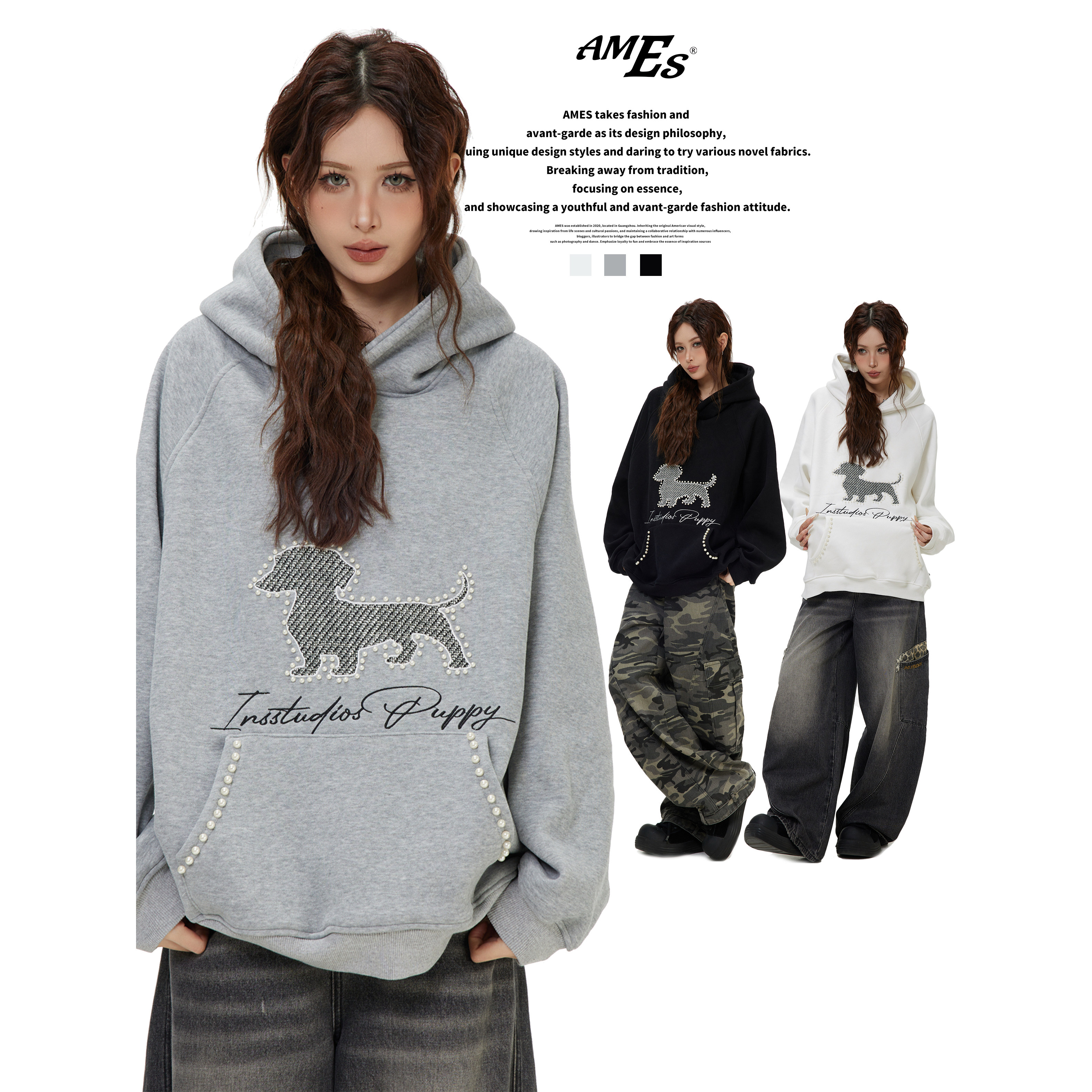 AMES珍珠小狗刺绣连帽卫衣