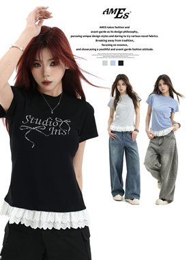 AMES 潮牌国潮美式蝴蝶结花边黑色短袖修身正肩短款上衣t恤女