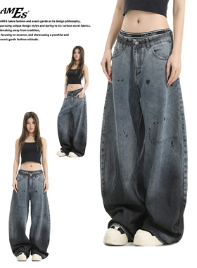 AMES 潮牌国潮情侣美式复古泼墨涂鸦弯刀裤宽松水洗牛仔长裤男女
