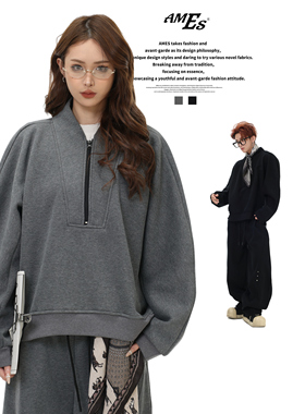 AMES 潮牌国潮美式复古「方巾半拉链加绒卫衣」宽松套头上衣男女