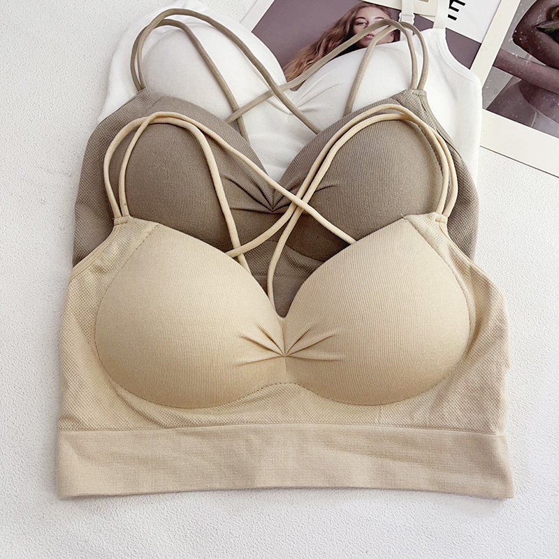后背交叉肩带美背内衣女带胸垫固定杯裹抹胸甜美褶皱简约百搭吊带