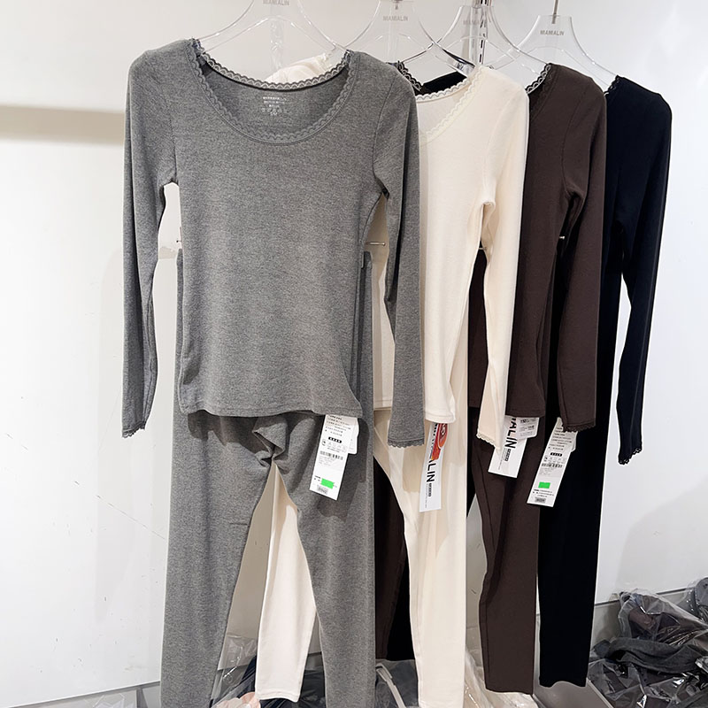 冬季新品磨毛蕾丝边保暖内衣套装棉毛衫圆领自发热无痕秋衣秋裤女