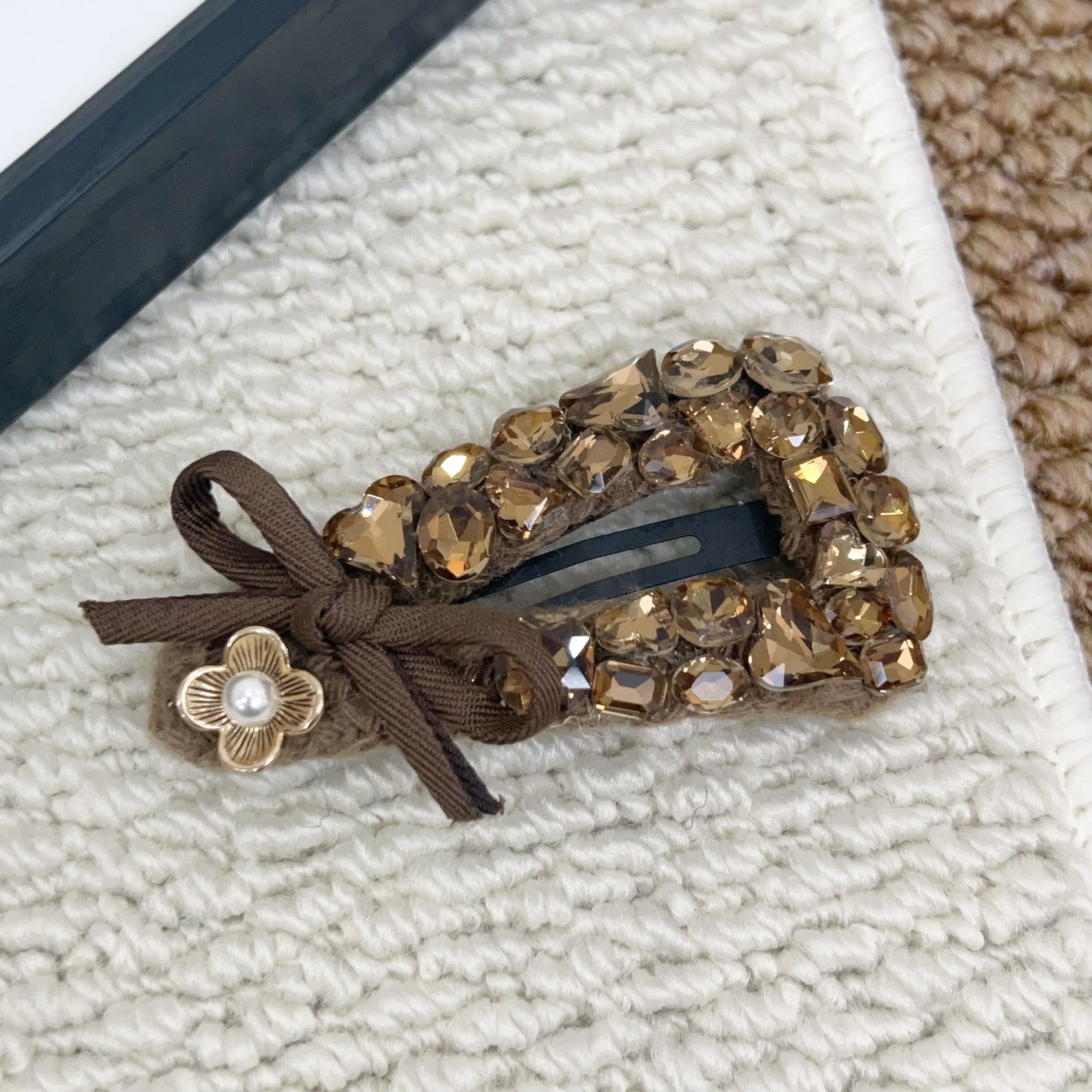 B1韩系高级感香槟色水钻掰掰夹BB夹发夹侧边夹咖色蝴蝶结发饰头饰