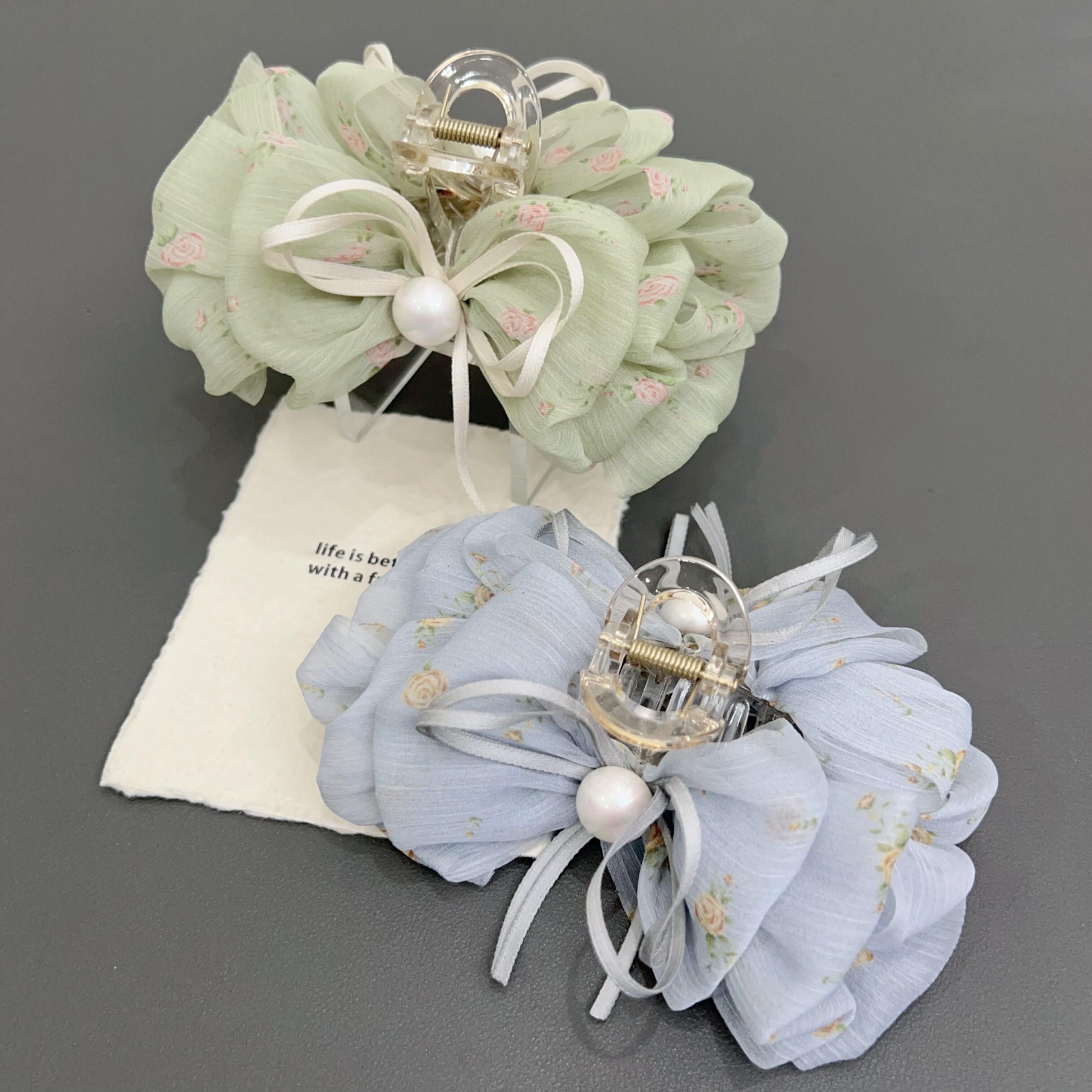 L11温柔风雪纺碎花珍珠蝴蝶结抓夹甜美气质鲨鱼夹发饰头饰发夹