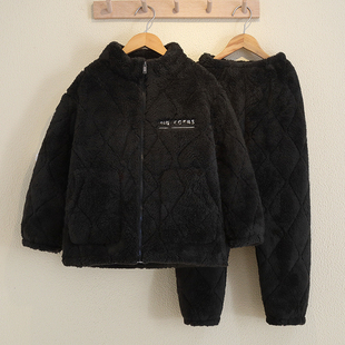 男童睡衣冬季三层加厚珊瑚绒夹男孩中大童家居服套装男士加绒外出