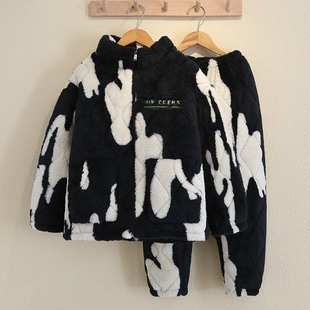 男童睡衣冬季加厚三层夹棉加绒保暖珊瑚绒家居服套装可外穿亲子