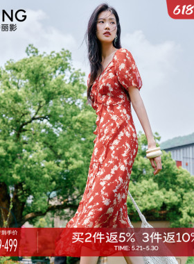 衣香丽影红色方领碎花连衣裙女2026年夏装新款氛围感法式大摆裙子