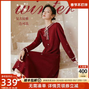 毛衣裙子 气质流行法式 红色新年小香风针织连衣裙女2022年冬季 新款