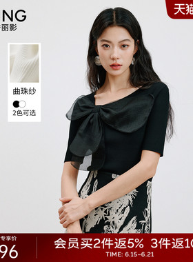 衣香丽影黑色蝴蝶结短袖针织衫女2025今年秋装新款设计感开叉上衣