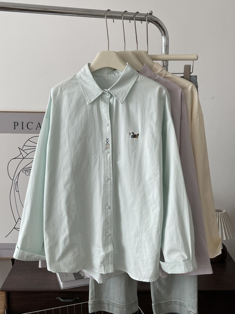 2026新款韩系卡通刺绣纯棉衬衫女宽松慵懒风上衣外套春秋叠穿内搭