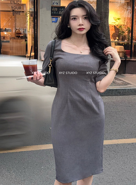 XYZ STUDIO 老友记瑞秋裙 同款深灰色方领收腰中袖胶囊通勤连衣裙
