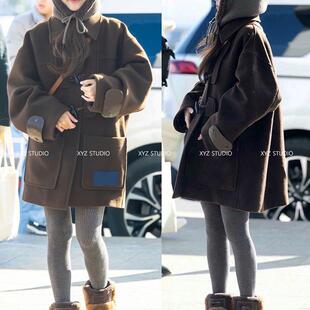 林娜琏同款美拉德学院风牛角扣毛呢外套2025新款冬季加棉加厚保暖