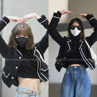 lisa同款CAELINE黑色小香风羊毛翻领西装外套张伯芝同款短款外套