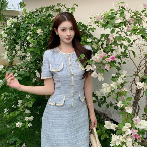栗子妮妮「巴黎海蓝」蓝色小香风连衣裙小个子短袖收腰法式A字裙