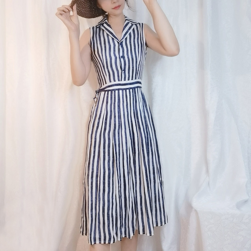 夏季收腰显瘦条纹连衣裙2021新款气质修身无袖套头中长裙女a字裙